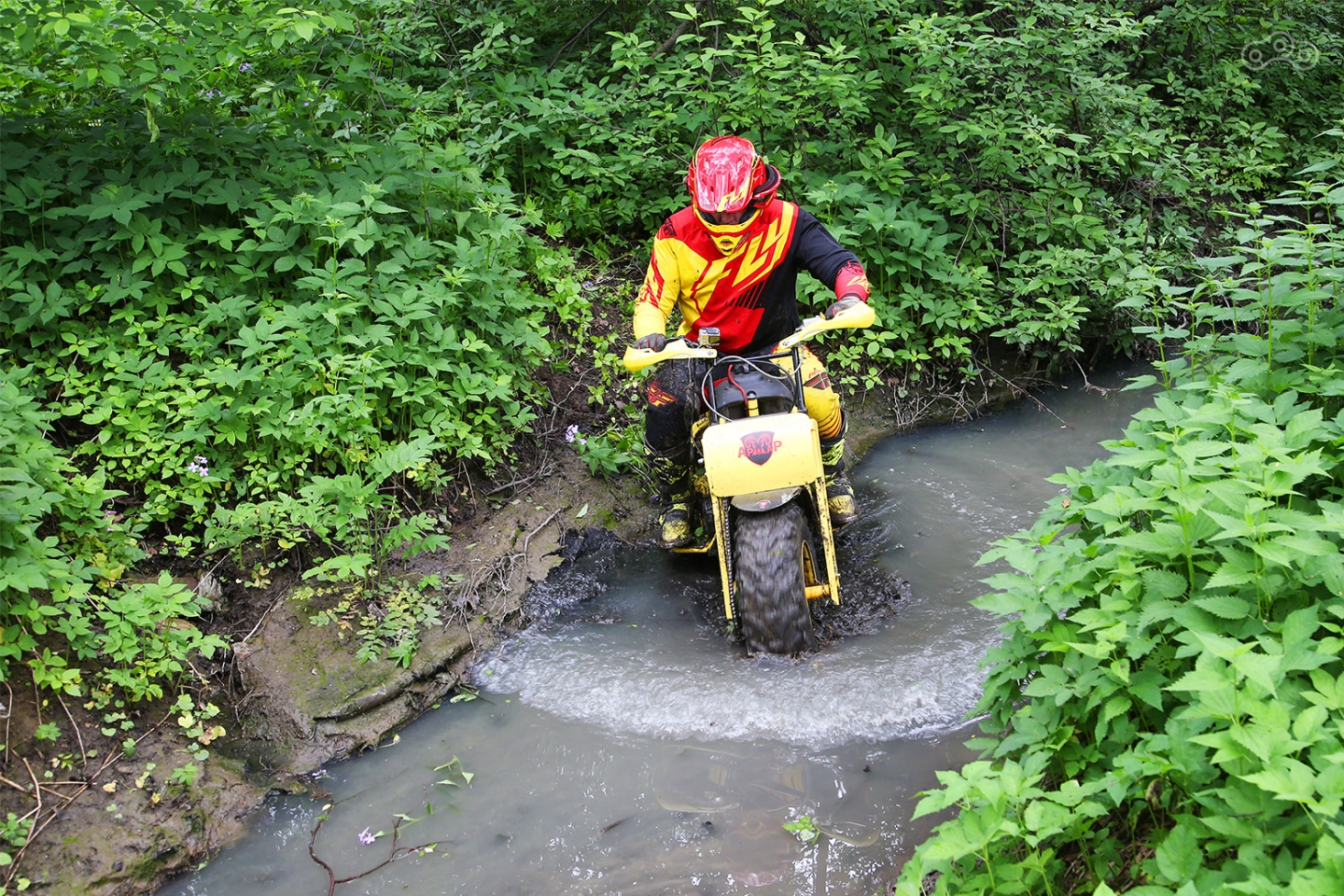 По воде «Архар» едет даже лучше, чем по сухому — в грязи мотоцикл чуть меньше трясёт...